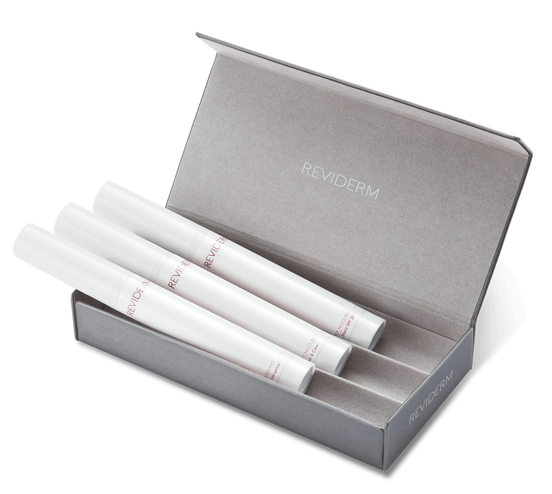 Ge&ouml;ffnetes REVIDERM Post-Needling Kit mit Pflegeprodukten
